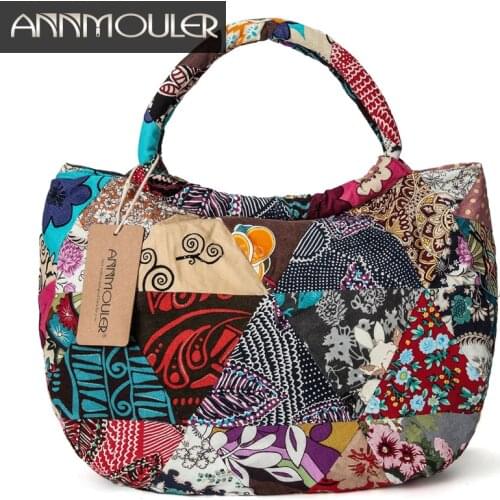 Annmouler Vintage Women Shoulder Bag Floral Print Cotton Totes Large Capacity Tribal Tote Bags Patchwork Bohemian Hobo Bag