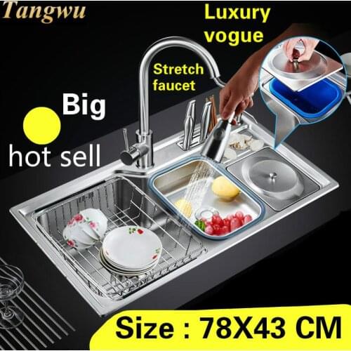 Free shipping Apartment luxury kitchen single trough sink stretch faucet food grade 304 stainless steel hot selling 780X430 MM