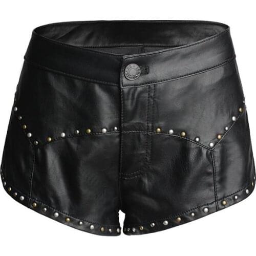 Plus szie 26-30 Black PU Leather Shorts Sexy Rivet mid waist Shorts Punk Women Hot Shorts