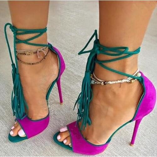 Yellow/purple ankle strap tassels high heel sandals peep toe patchwork lace up fashion heels woman spring summer heels TT514