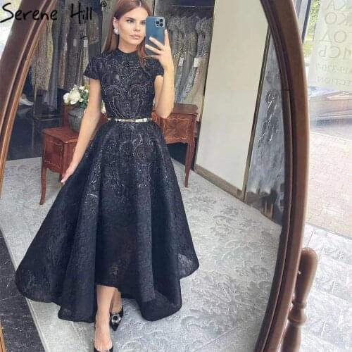 Serene Hill Gold High Neck Luxury Asymmetrical Evening Dress 2021 Short Sleeves Lace Beadings Formal Party Gown CLA70227