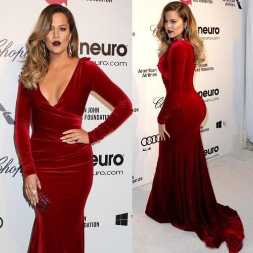 Elegant Formal Long Sleeves Mermiad Burgundy Velvet Prom Party V-neck Evening Gowns вечерние платья robe de soirée de mariage