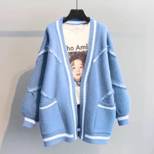 FMFSSOM Oversized Cardigan Sweater Autumn Loose Warm Knitted Sweater Korean Long Sleeve Big Pocket Hole Stitching Sweaters