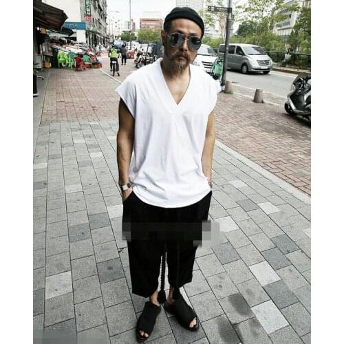 Korean mens summer wear V-neck hip-hop loose trend pure cotton casual sleeveless T-shirt personalized versatile fashion