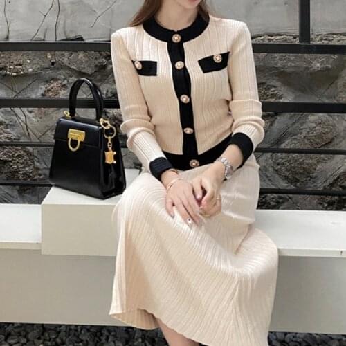 JSXDHK New 2021 Elegant Ladies Knitted 2 Piece Set Women Spring Pearl Single Breasted Sweater Cardigan + Long Pleated Skirt Suit