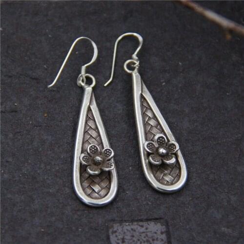 Handmade S925 Silver Big Earrings Sterling Silver Droplets Flower Thai Silver Classical Drop Earring