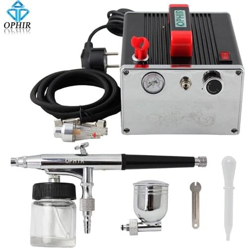 OPHIR Body Paint Black 0.3 mm Dual-Action Airbrush Air Compressor for Nail Art,Temporary Tattoo, Makeup Hobby # AC091+AC005