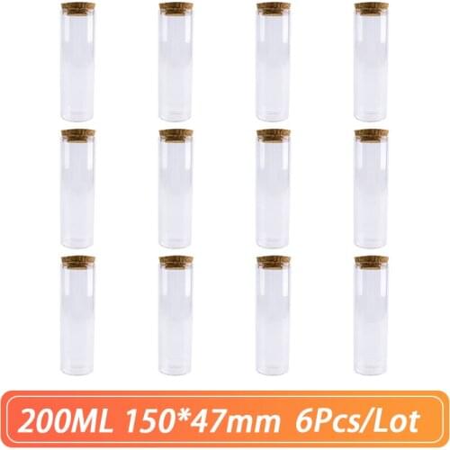 6pcs/Lot 200ml 150*47mm Small Glass Bottles Stopper Corks Crafts Jars Mini Transparent Empty DIY Glass Vial Bottles Tiny Jars
