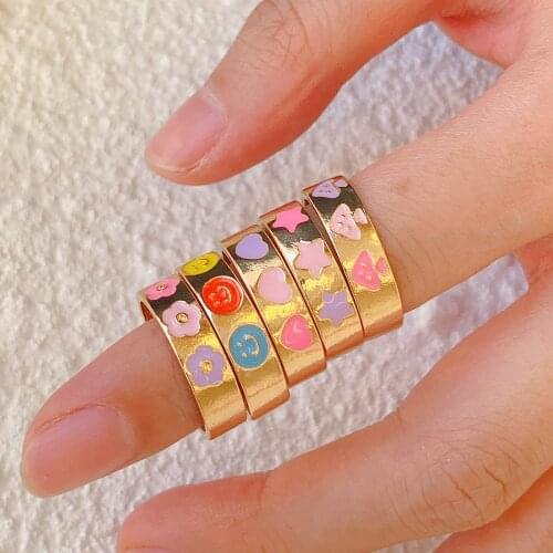 Fashion Smile Love Rings for Girl Dripping Oil StarFlower Ring Colorful Cartoon Mushroom Ring Jewelry for Women