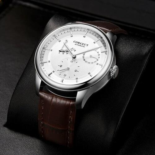 Top Brand Corgeut Mens Watch Stainless Steel Power Reserve Watch Leather Automatic Mechanical Wristwatches