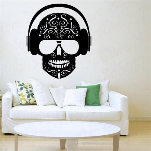 Newest Creative Art Wall Stickers Vinyl Musical Skull Headphones Music Living Room Teen Bedroom Home Decoration Wallpaper WL1607