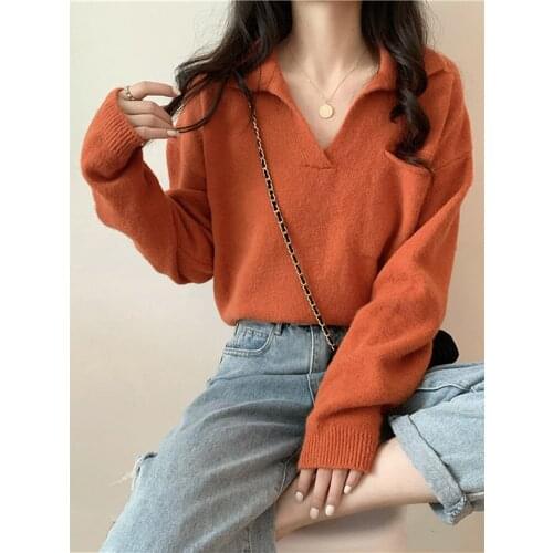 2021 New Womens Lapel Long Sleeve Knitted Top Womens Loose White Short Sweater