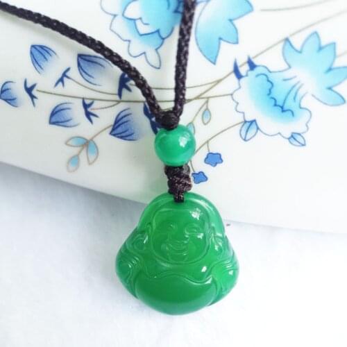 Natural Chalcedony Carving Buddha Shape Necklaces Pendant Women Long Anniversary Jewelry Rope Chain Fine Jewelry