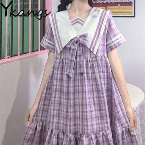 Preppy Style Sailor Collar Ruffles Vestidos Harajuku Short Sleeve Dress Summer Purple Plaid Bow Sweet Cute Girl Oversize Costume