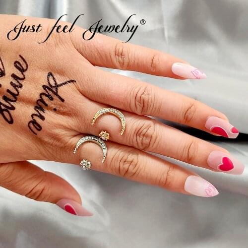 JUST FEEL Trendy New Bling Crystal Sun Moon Open Rings Fom Women Gold Silver Color Rhinestone Metal Ring Wedding Party Jewelry