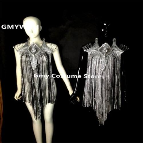 WX55 Tassel silver neckwear led light costumes model performance clothes bar party disco dj stage show outfit dresses outfit bar