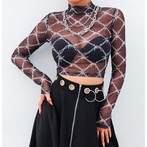 Mesh Tee Shirt Femme Sexy Long Sleeve Crop Top Chain Print T Shirt Women Streetwear Vintage Fishnet top T-shirt 2021 New Arrival