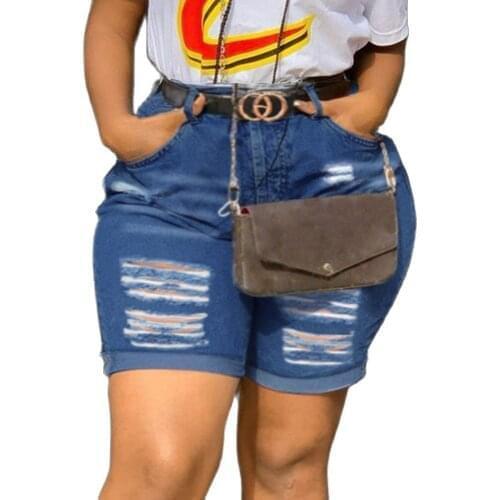 Blue High Waist Hole Denim Shorts Women Summer 2021 New Lady Straight Ripped Streetwear Cotton Jeans Shorts Female