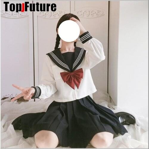 Black with 3 white lines Japanese student uniform JK Uniform suit long short sleeve sailor suit pleated lolita skirt class suit