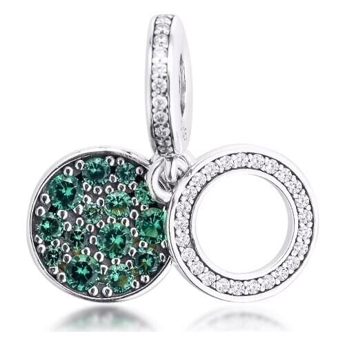 Valentines Sparkling Green Disc Double Dangle Sterling Silver Jewelry Fits Original Charm Bracelet & Necklace Woman DIY Bead