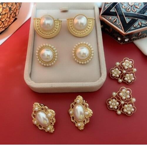 Pearl Earrings Exquisite Wedding Party Gifts Fan Shape Round Flower Texture For Women Girls Jewelry