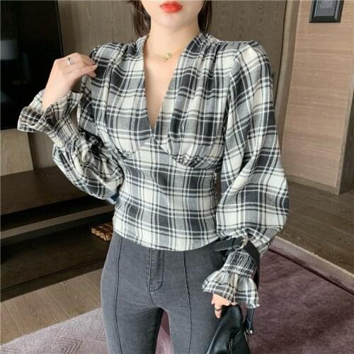 Ladies Casual Plaid Tops And Blouses Female Fashion V-Neck Elegant Blouses Women Spring Lantern Sleeve Shirts Blusas Mujer