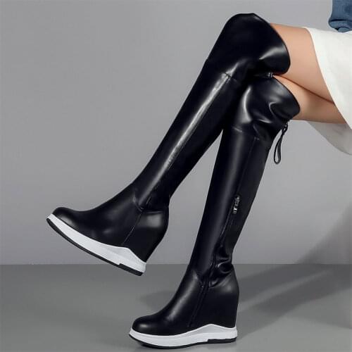 Women Genuine Leather Wedges High Heel Thigh High Boots Female Warm Fleeces Round Toe Fashion Sneakers Platform Oxfords Shoes