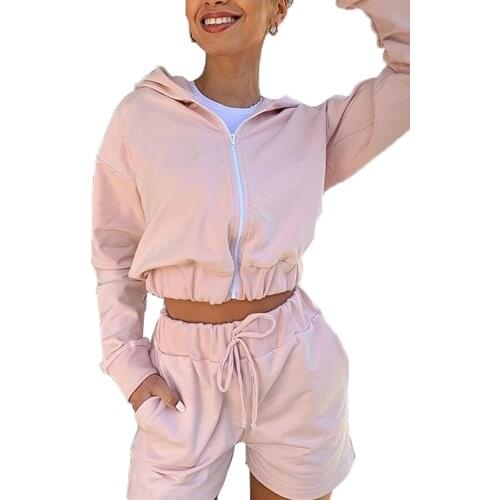 2020 New Women Summer 2Pcs Running High Waist Fashion Sports Suit Pure color zipper Breathable Short Clothing Length S/M/L/XL