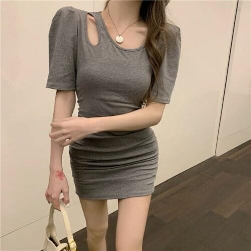 2021 Summer Women Vintage Sexy Slim Waist Short Sleeve Mini Dress One-Piece Fashion Casual Hollow Out Lady Korean T-Shirt Dress