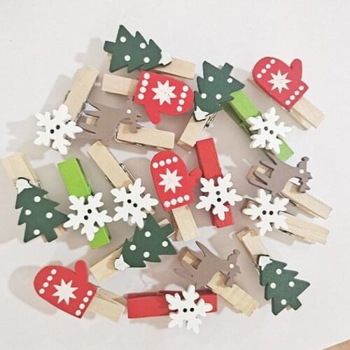 50PCS/set Christmas Decoration Clips Snowflake Chrstmas Tree Elk Wooden DIY Photo Clip Ornaments New Years Home Decor Supplies