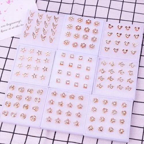 8Pairs Crystal Plastic Stud Earrings Set For Women Gold Star Flower Heart Crown Ear Stud Earrings Wedding Jewelry Brincos Box