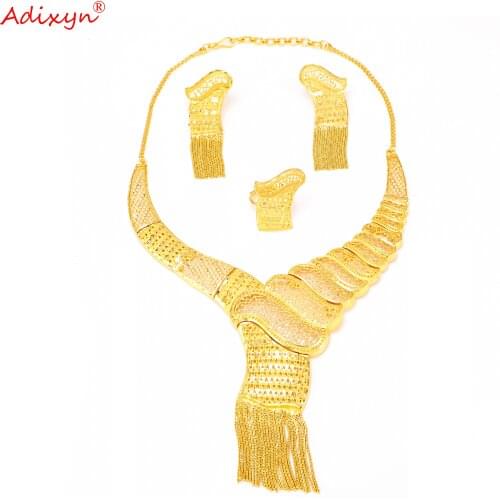 Adixyn Tessles Earrings Ring Necklace Jewelry Set 24k Gold Color Indian Bridal Wedding African Nigeria Jewelry Item N1021M8