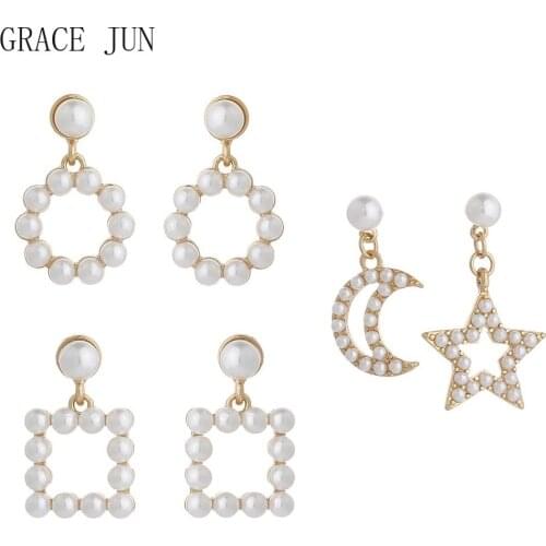 GRACE JUN Korea Style Gold Color Clip on Earrings Women Girl Birthday Party Cute Luxury Faux Pearl Ear Cuff Earrings Jewelry