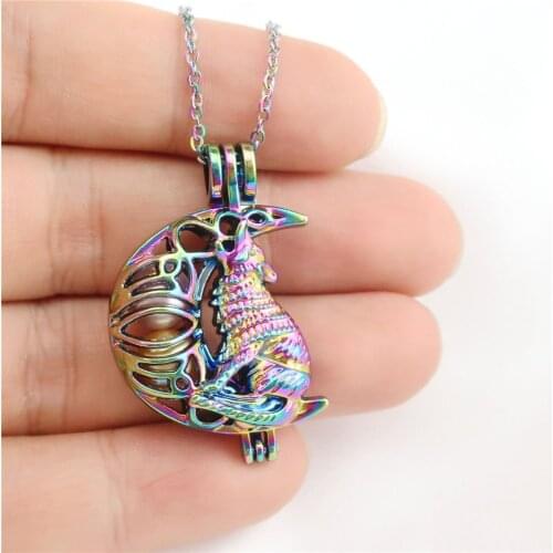 C1165 Rainbow Alloy Wolf Moon Pearl Cage Pendant Steel Chain Aroma Essential Oil Diffuser Locket Necklace