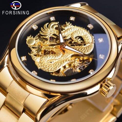 Forsining Men Watch Skeleton Hollow Golden Dragon Mechanical Watches Automatic Crystal Waterproof Steel Clock Relogio Masculino