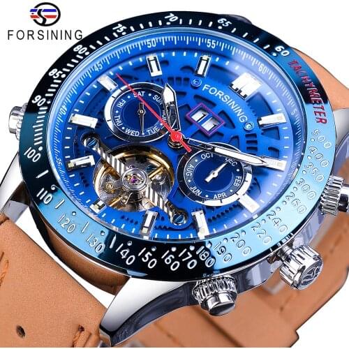 Forsining Blue Fashion Dial Tourbillion Brown Leather Belt Calendar Automatic Mechanical Wrist Watch Top Brand Luxury Male Clock