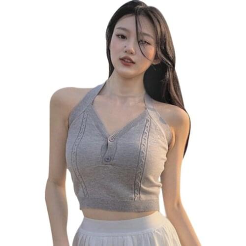 DAXIN Womens Solid V Neck Camis Button Slim Sexy Exposure Navel Knitted Camisole Tank Top