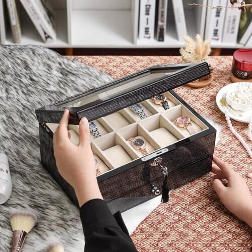 Wooden Necklace Glasses Rings Multi-layer Storage Box Watch Earrings Display Case Bangles Bracelets Jewelry Organizer with Lock