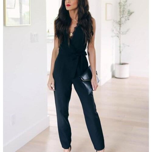 Playsuit V Neck High Waist Female Women Solid Color Sleeveless Jumpsuit for workplace