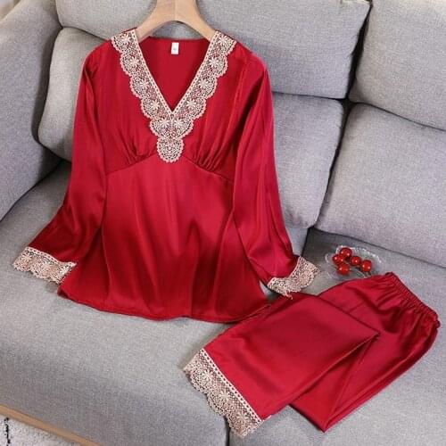 2PCS Lace Long Sleeve Sleepwear Sleep Suit Spring Womens V-Neck Pajamas Sets Casual Satin Pijamas Lounge Nightwear Home Wear