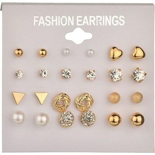 12 Pairs Elegant Zircon Crystal Stud Earrings Set for Women Fashion Ear Studs Jewelry Gold Heart Shape Stud Pearls Earring