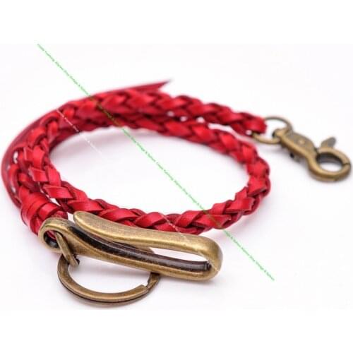 20" RED Veg Full Grain Leather Handmade Strong Braided Trucker Biker Jeans Wallet Chain Key Holder With U HOOK