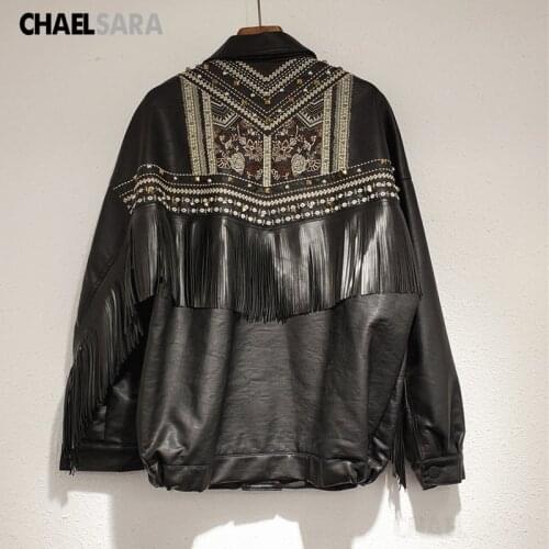 Spring Autumn Black PU Faxu Leather Jackets Women Fashion Tassel Rivet Embroidery Moto Biker Coats Female Casual Loose Outwear