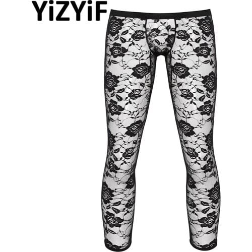 Men Sexy Leggings Pants Low Low Bulge Pouch Trousers Mens See Through Sheer Floral Lace Pants Erotic Tights Trousers Nightwear