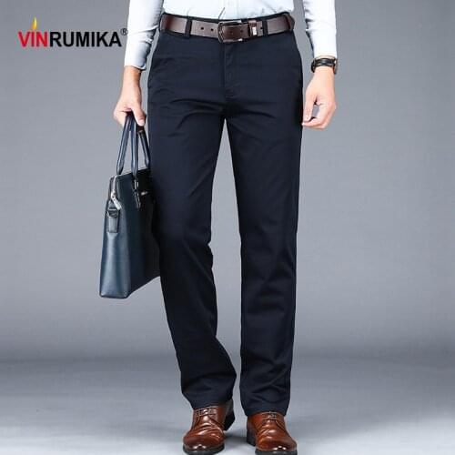 Mens Spring Business Casual Brand Straight Pant Autumn Man Cotton Black Work Pants Large Size Classic Khaki Gray Long Trousers