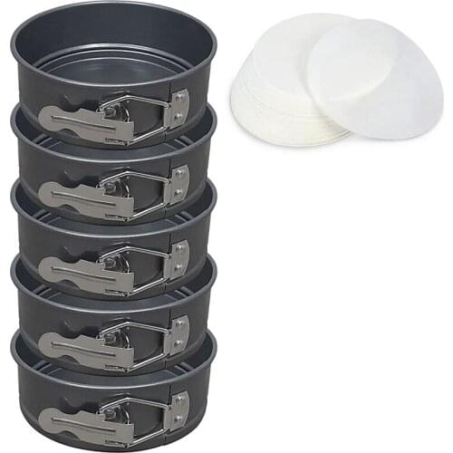 4.5-Inch Springform Cake Pan Set - Pack Of 5 With 100 PCS Parchment Paper, Nonstick Round Baking Pans With Removable