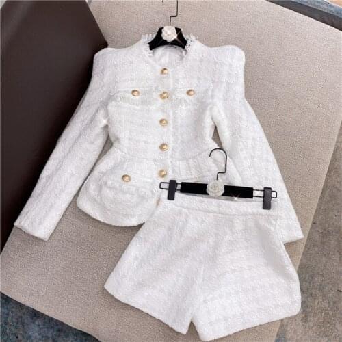 New Fall / Winter 2021 Small Fragrance White Bright Silk Tweed Jacket Jacket High Quality Shorts Suit Two Piece O161