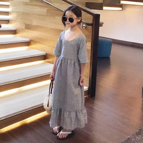 Backless Big Bow Ruffle Teenage Girl Dress 2019 Summer Cotton Plaid Kids Teens Long Party Kids Dresses For 6 8 10 12 14 16 yrs