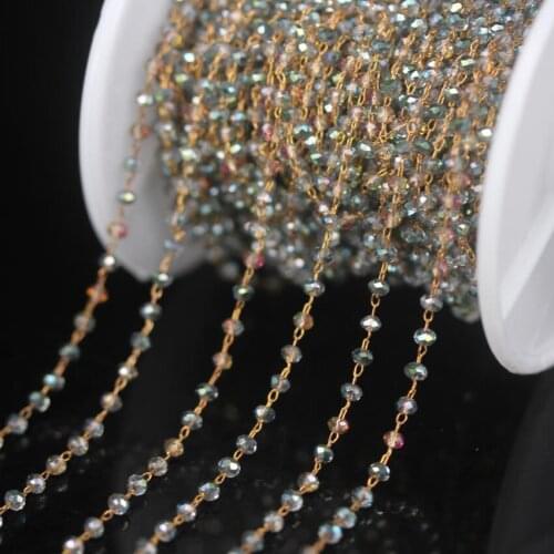 Rainbow Clear Tiny Glass Beaded Rosary Chain,2x3mm Faceted Rondelle Glass Link Brass Wire Wrapped Chain,DIY Necklace Bracelets