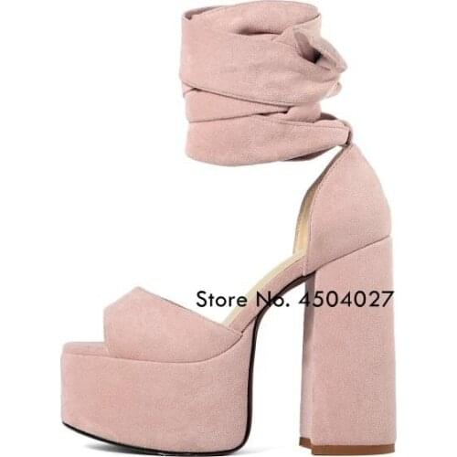 Pink Lace Up Women Sandals Summer Shoes Women Open Toe Chunky High Heels Party Dress Sandals